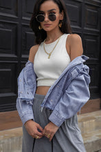 Load image into Gallery viewer, Frayed Detail Double-Breasted Cropped Denim Jacket
