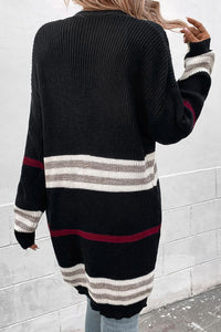 Striped Rib-Knit Drop Shoulder Open Front Cardigan