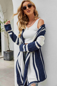 Striped Open Front Hooded Cardigan