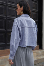 Load image into Gallery viewer, Frayed Detail Double-Breasted Cropped Denim Jacket
