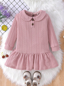 Girls Cable-Knit Peter Pan Collar Ruffle Hem Dress