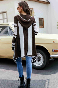 Striped Open Front Hooded Cardigan