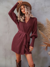 Load image into Gallery viewer, Belted Surplice Lantern Sleeve Wrap Sweater Dress
