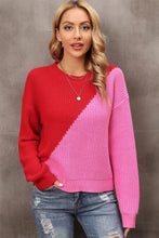 Load image into Gallery viewer, Two-Tone Round Neck Dropped Shoulder Sweater
