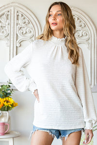 Frill Trim Balloon Sleeve Textured Blouse