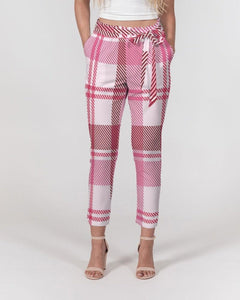 Womens Pants, Pink And White Plaid Style Belted Tapered Trouser Bottoms