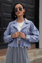 Load image into Gallery viewer, Frayed Detail Double-Breasted Cropped Denim Jacket
