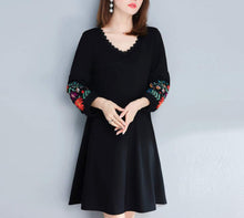 Load image into Gallery viewer, Womens V Neck Dress with Embroidered Sleeves
