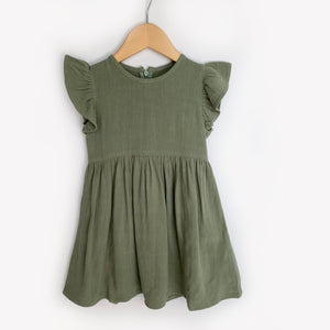 Little Girls Green Linen  Short Sleeve Dress