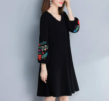 Load image into Gallery viewer, Womens V Neck Dress with Embroidered Sleeves
