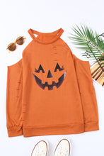 Load image into Gallery viewer, Halloween Graphic Cold-Shoulder Distressed Sweatshirt
