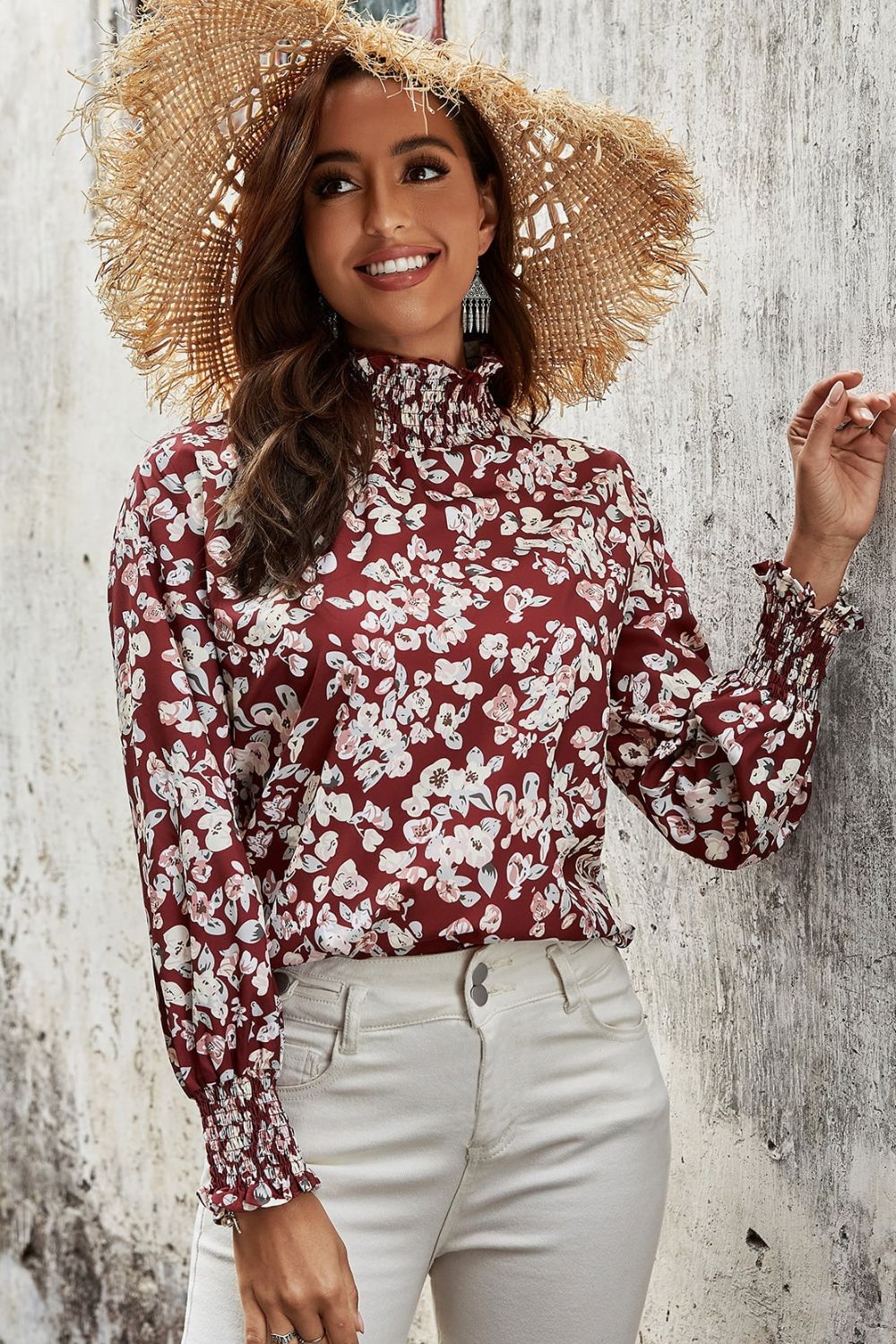 Floral Smocked Frill Neck Blouse