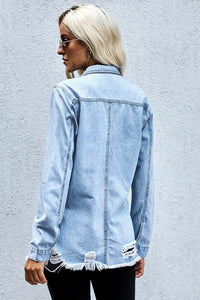 Women's Shirt Collar Fade Blue Ripped Denim