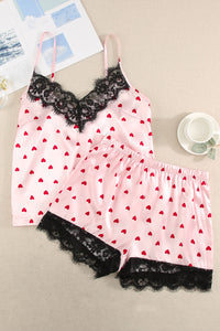 Heart Print Lace Trim Cami and Shorts Pajama Set