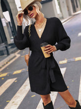 Load image into Gallery viewer, Belted Surplice Lantern Sleeve Wrap Sweater Dress
