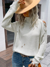 Load image into Gallery viewer, Distressed High Neck Cold-Shoulder Sweater
