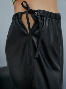 Side Tie Cutout PU Leather Flare Pants