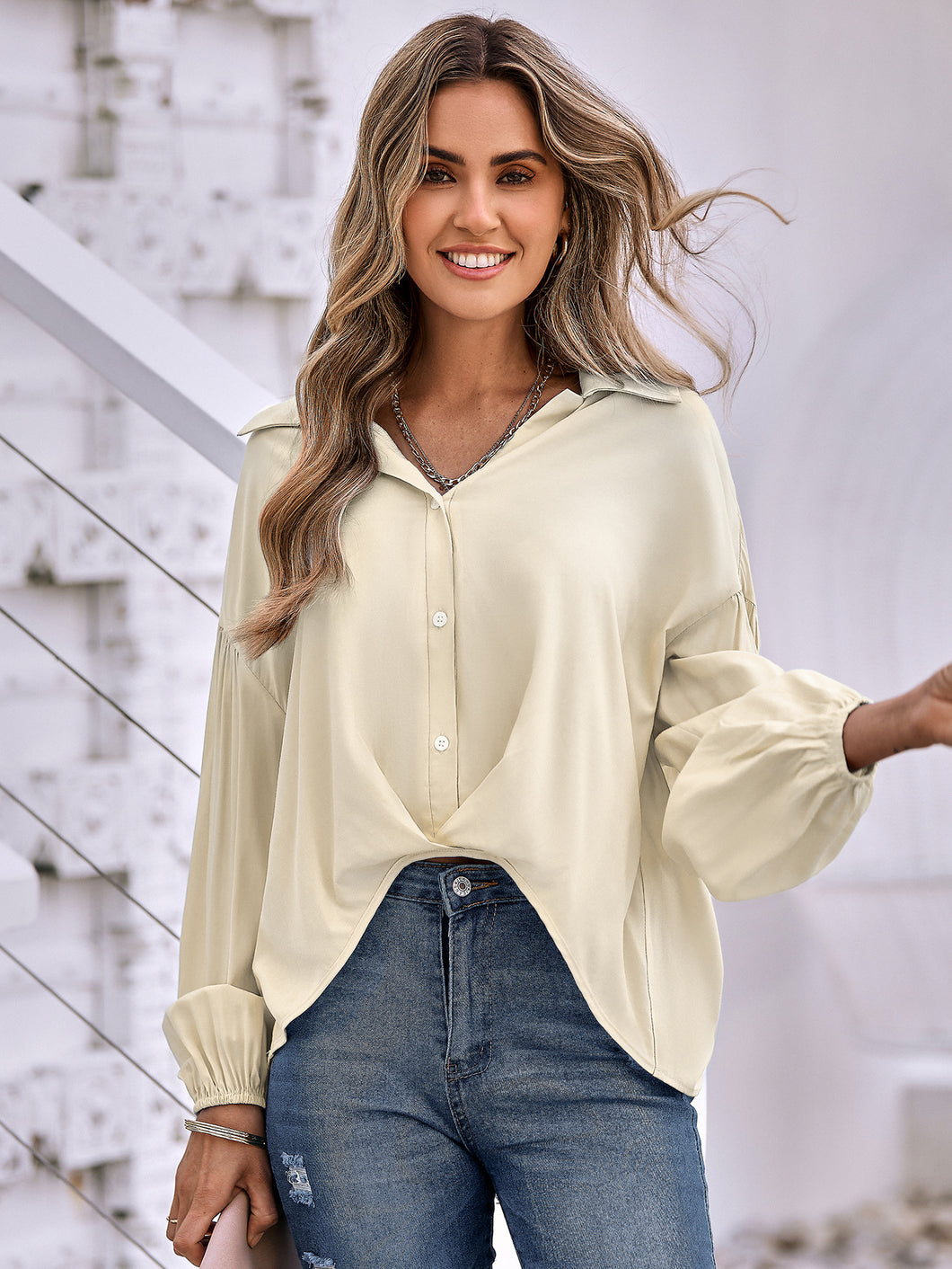 Johnny Collar Buttoned Dropped Shoulder Top