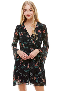 Floral V Neck Long Sleeve Skater Dress