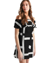 Load image into Gallery viewer, Womens Black Dress Off-Shoulder Top Midi Dress White Stripes
