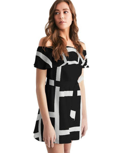 Womens Black Dress Off-Shoulder Top Midi Dress White Stripes