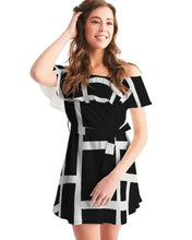 Cargar imagen en el visor de la galería, Womens Black Dress Off-Shoulder Top Midi Dress White Stripes
