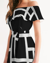 Load image into Gallery viewer, Womens Black Dress Off-Shoulder Top Midi Dress White Stripes
